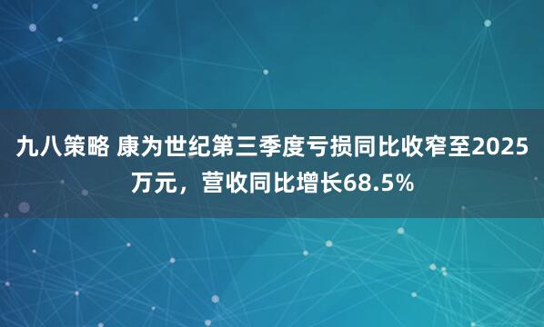 九八策略 康为世纪第三季度亏损同比收窄至2025万元，营收同比增长68.5%